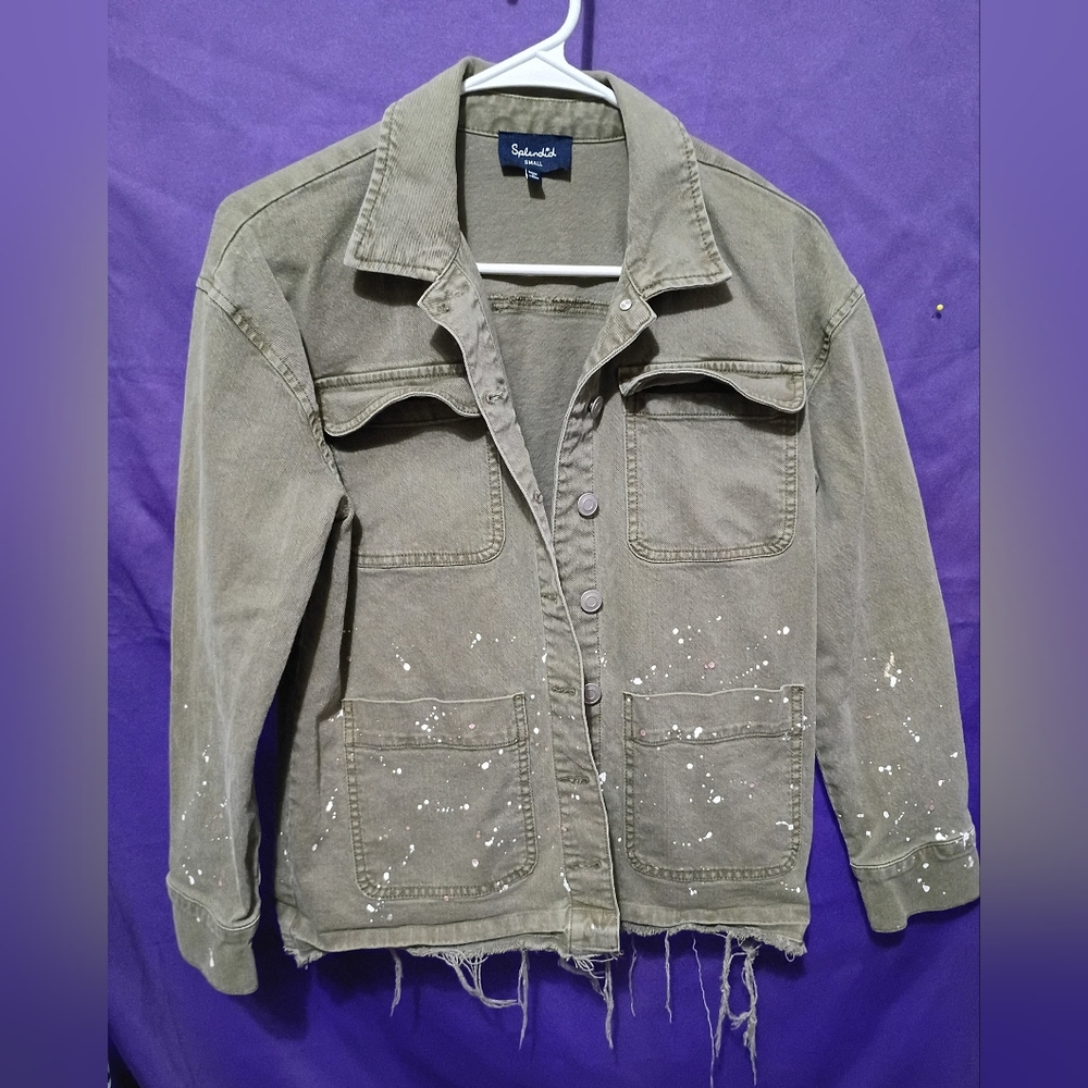 Splendid Olive Green Utility Jacket with Paint Splatter
